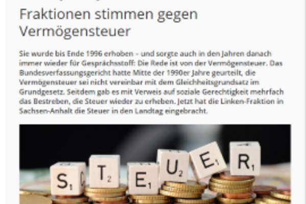 Screenshot Artikel MDR zum Antrag der Fraktion DIE LINKEN im Landtag zur Wiedereinführung der Vermögenssteuer.