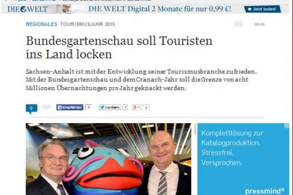 Sreenshot welt.de Artikel Tourismusentwicklung in Sachsen-Anhalt.