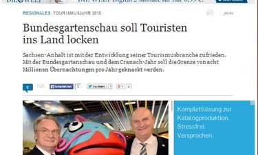 Sreenshot welt.de Artikel Tourismusentwicklung in Sachsen-Anhalt.