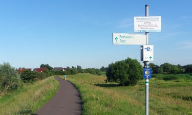 Blick auf den Elberadweg in Pechau entlang des asphaltierten Weges auf des Deichkrone. Vorn ein Hinweisschild auf den Elberadweg und den Pechauer Platz.