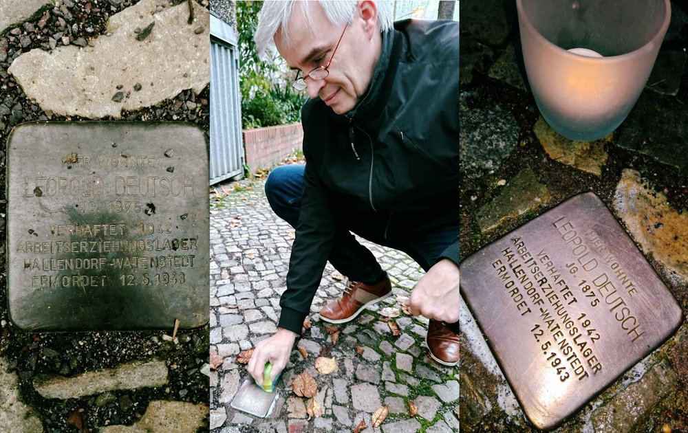 Collage vergilbter Stolperstein - Olaf Meister putzt - geputzer Stolperstein mit Kerze Collage vergilbter Stolperstein - Olaf Meister putzt - geputzer Stolperstein mit Kerze